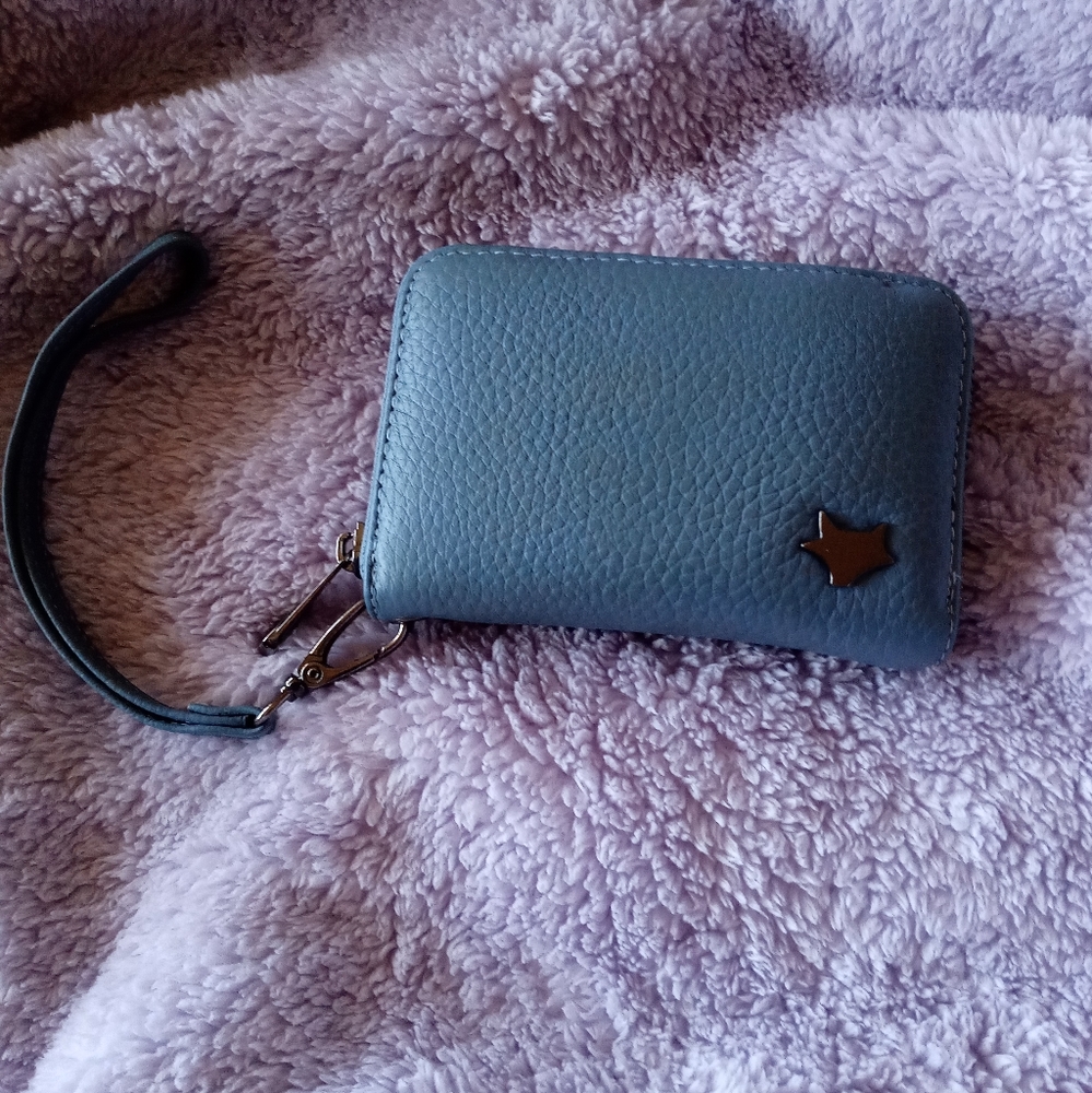 Blue wallet with a hand lanyard